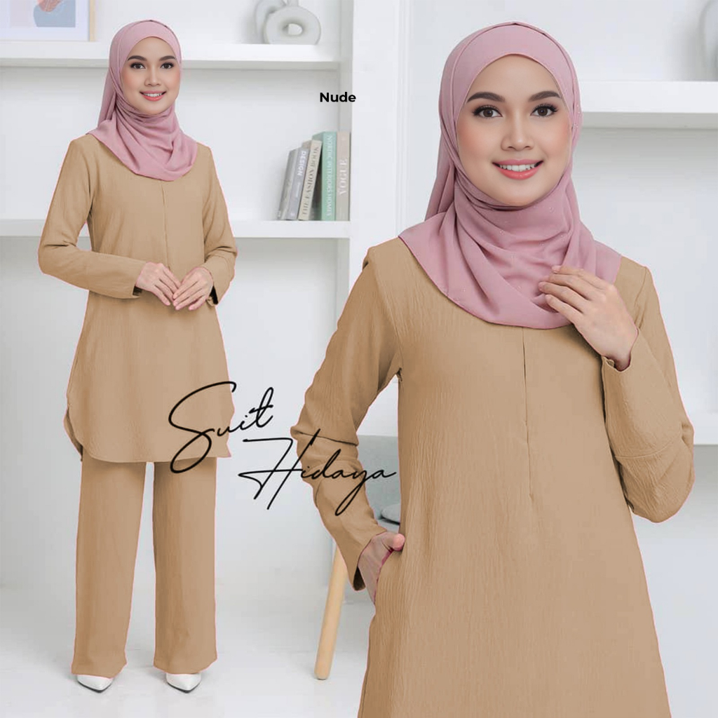 SUIT HIDAYAH IRONLESS SET WARDA PLUS SIZE BLOUSE BERPOCKET (S-2XL) BF & WUDHUK FRIENDLY, LONG BLOUSE AND PANTS SET