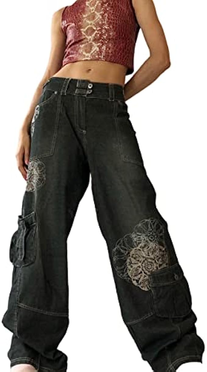 Y2K Baggy Jeans Women Graphic Print Wide Leg Straight Pants Vintage Denim Cargo High Waist Trousers E-Girl Streetwear