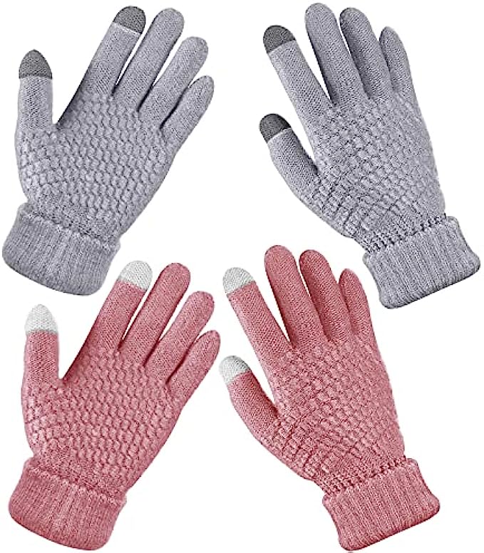 2 Pairs Women's Winter Touchscreen Gloves Warm Fleece Lined Knit Gloves Elastic Cuff Winter Texting Gloves