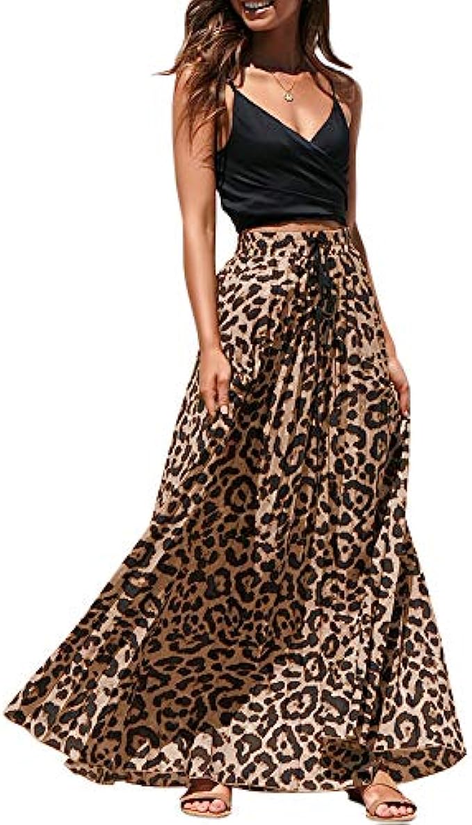 Womens Maxi Skirt Leopard Print Chiffon Beach Pleated High Waisted A-Line Long Skirts