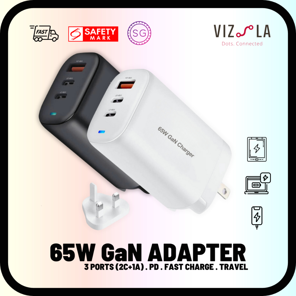 Vizsla SG 65W GaN USB Travel Charger 3-Ports FAST CHARGE 2TYPE-C 1USB-A SMART CHIP