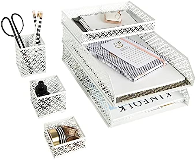 Blu Monaco Office Supplies White Desk Accessories for Women-6 Piece Interlocking Stylish Desk Organizer Set- Pen Cup, 3 Accessory Trays, 2 Letter Trays-White Office Paper Tray Holder