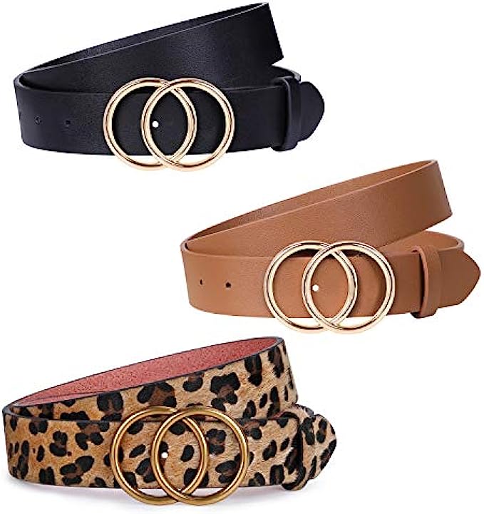 JASGOOD 3 Pack Women Leather Belt for Jeans Pants, Ladies Waist Belts with Double O-Ring Buckle